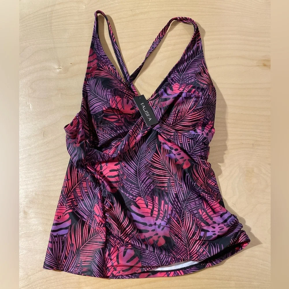 Talisea Pink and Purple Leaf Print Swim Top Large (OO)